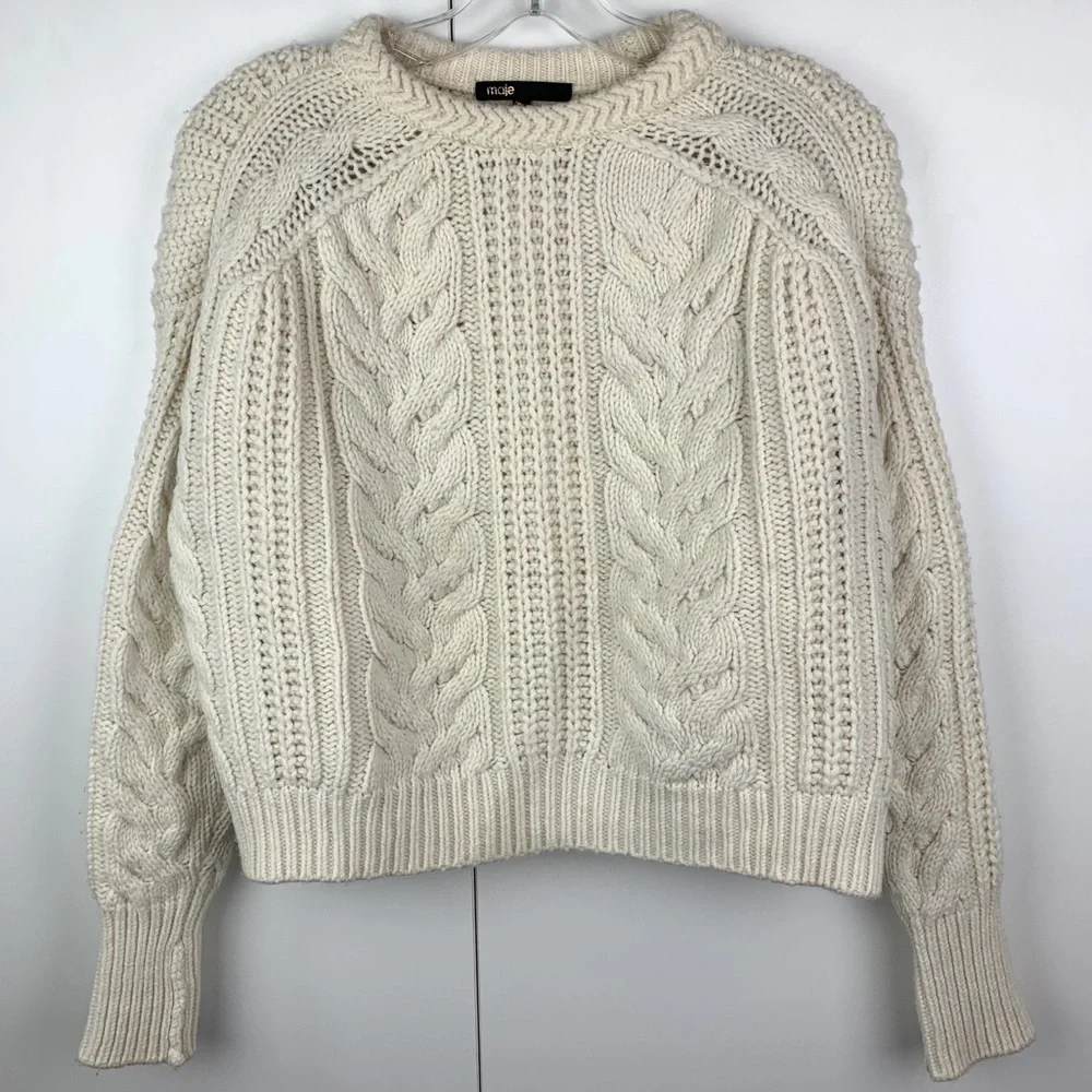 Maje Maxime Wool Blend Cable Knit Jumper Sweater Ecru White Medium